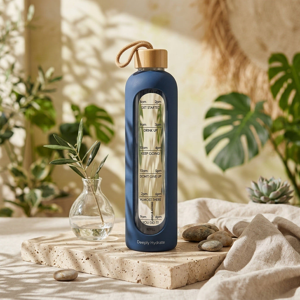 Motivational Glass Water Bottle with Time Marker & Silicone Sleeve – 1000ml