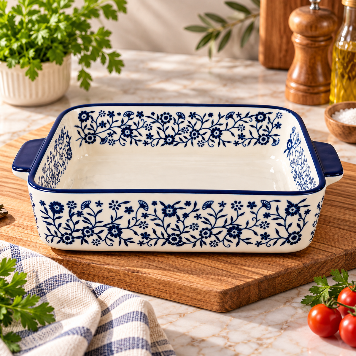 Blue Floral Ceramic Baking Dish with Handles – 8 inch
