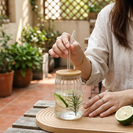Ripple Glass Tumbler with Wooden Lid & Straw – 400ml