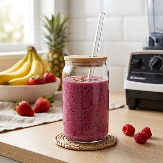 Round Glass Tumbler with Wooden Lid & Straw – 350ml