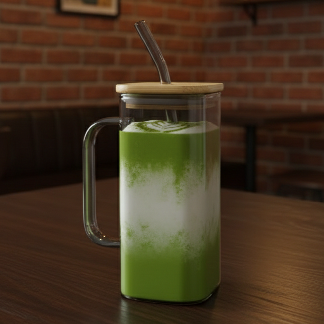 Square Tinted Glass Tumbler with Wooden Lid & Straw