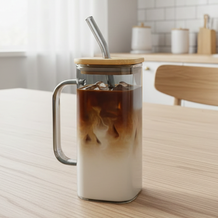 Square Tinted Glass Tumbler with Wooden Lid & Straw