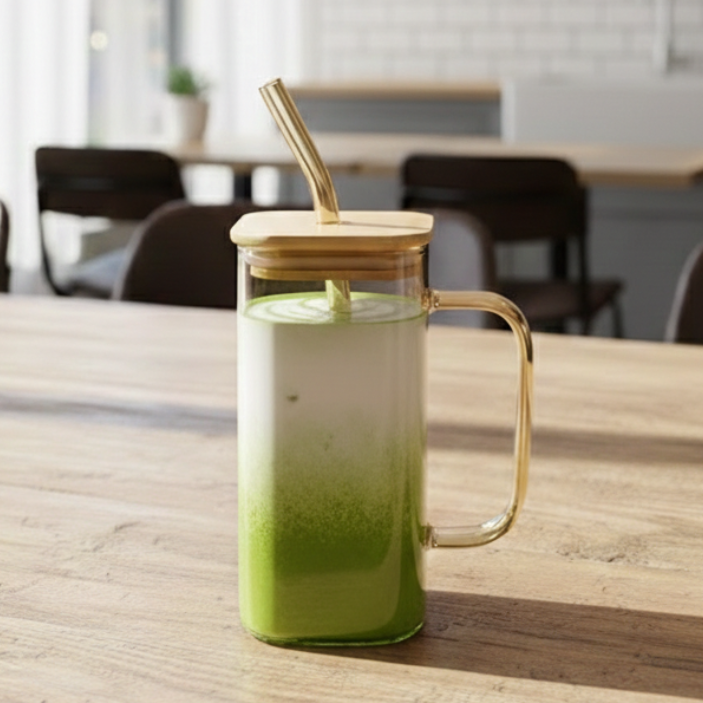Square Tinted Glass Tumbler with Wooden Lid & Straw