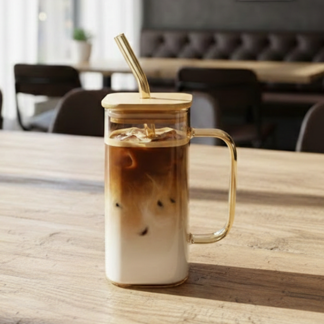 Square Tinted Glass Tumbler with Wooden Lid & Straw