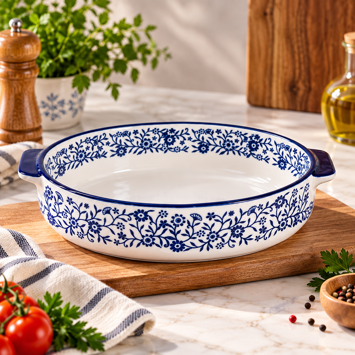 Blue Floral Oval Ceramic Baking Dish with Handles – 11 inch