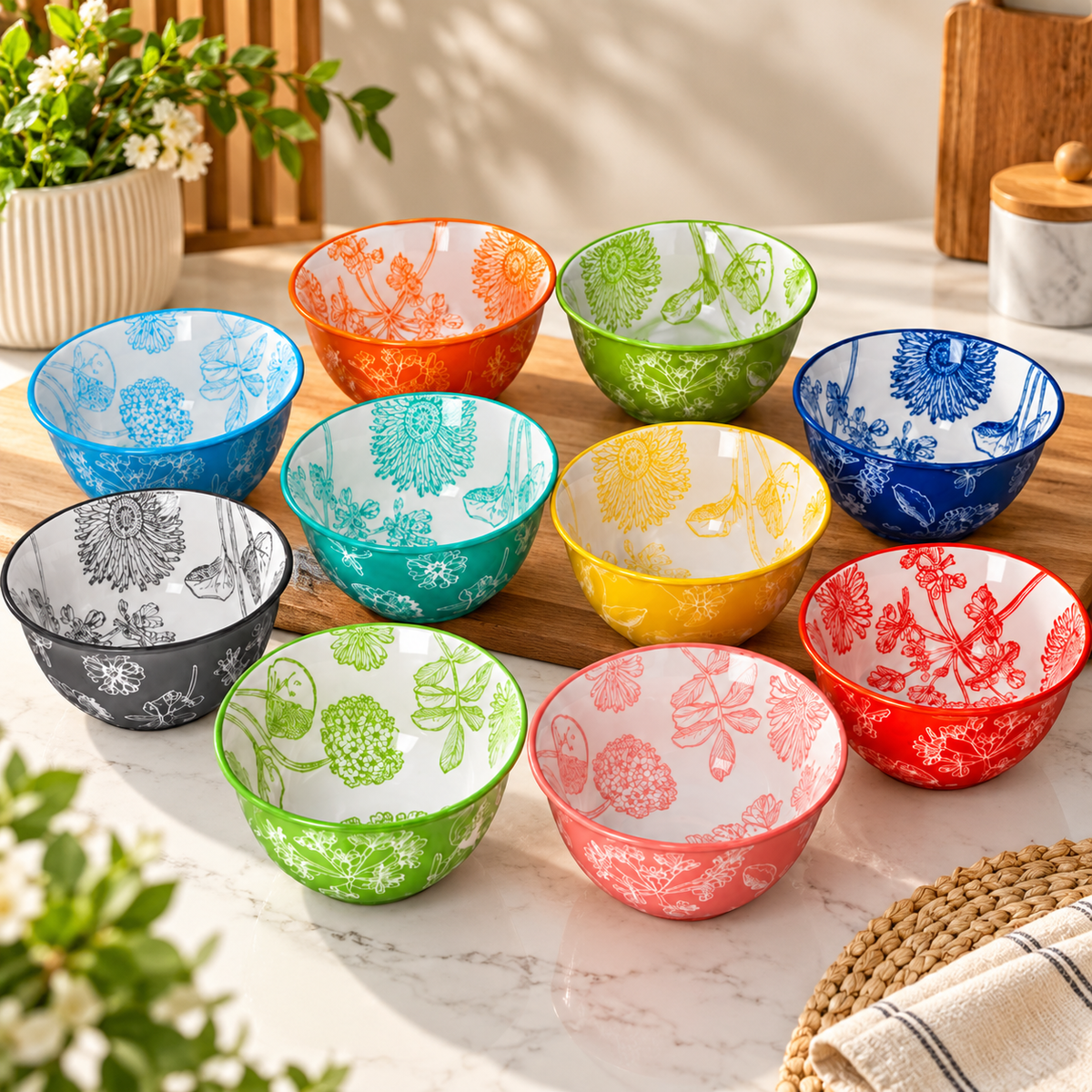 Floral Porcelain Dessert Bowl Set – 4.75 inch, 10 Pieces
