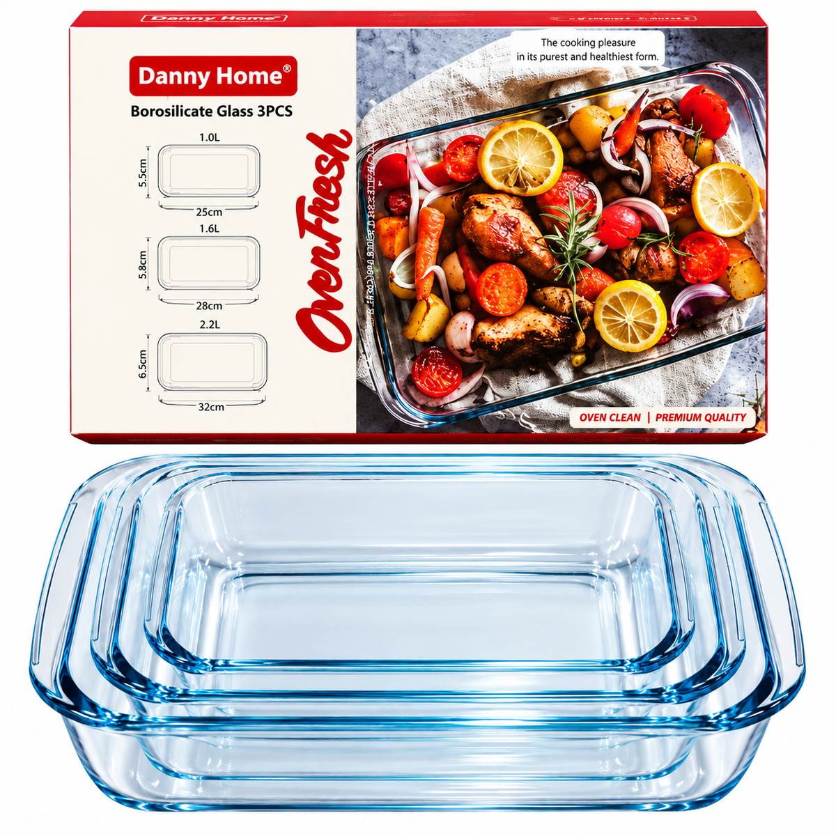 3-Piece Glass Baking Dish Set – 1L, 2.2L & 3L