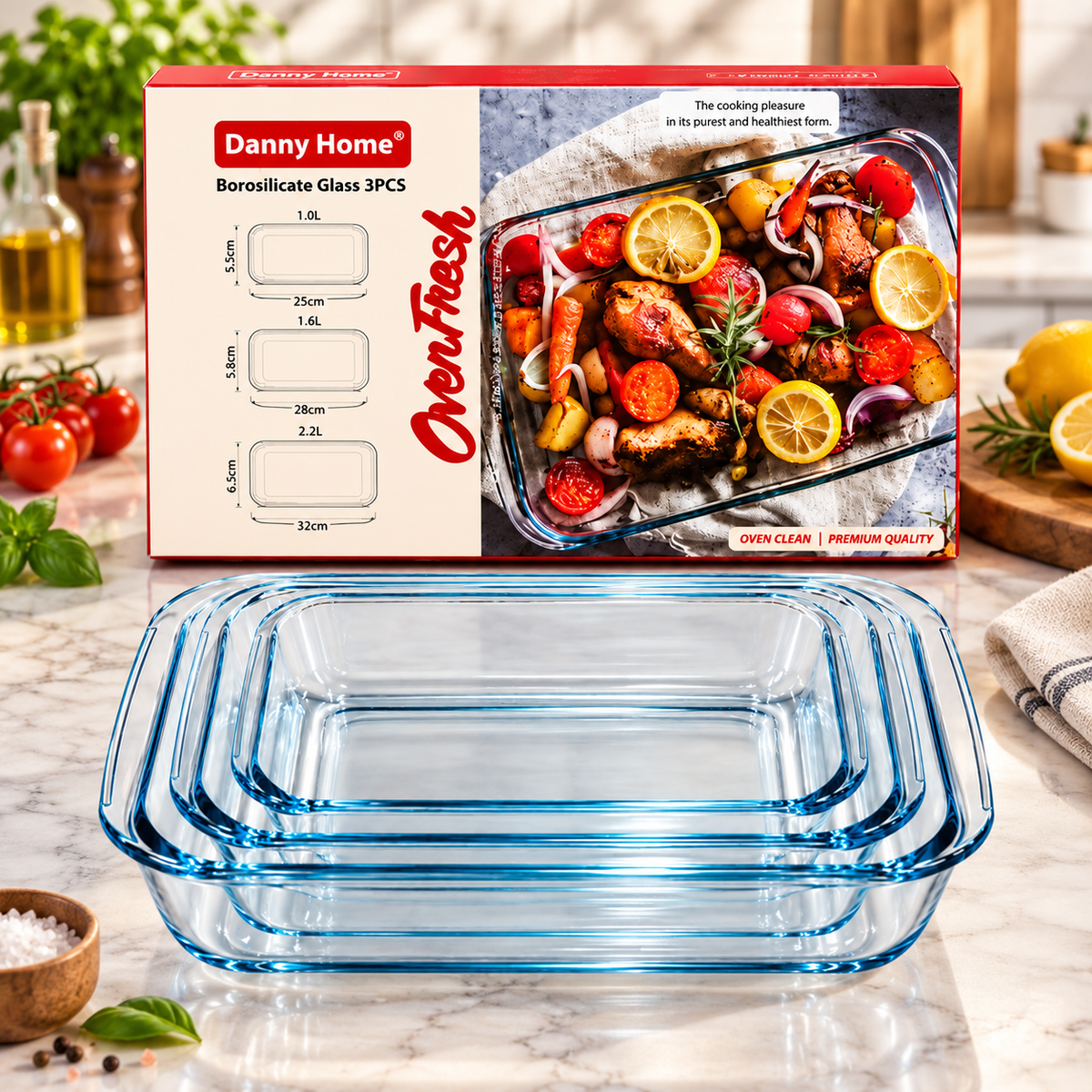 3-Piece Glass Baking Dish Set – 1L, 2.2L & 3L
