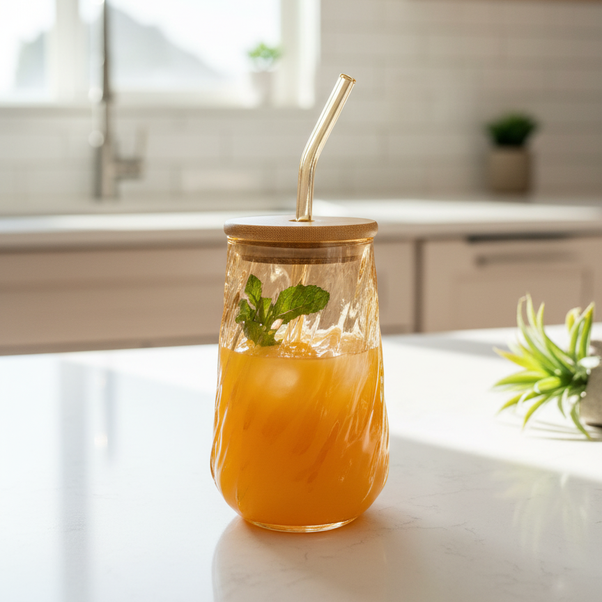 Swirl Textured Glass Tumbler with Wooden Lid & Straw