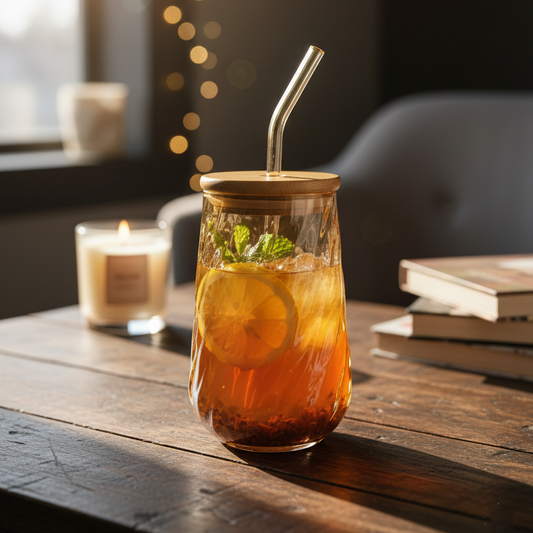 Swirl Textured Glass Tumbler with Wooden Lid & Straw