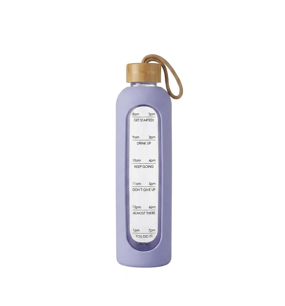 Motivational Glass Water Bottle with Time Marker & Silicone Sleeve – 1000ml