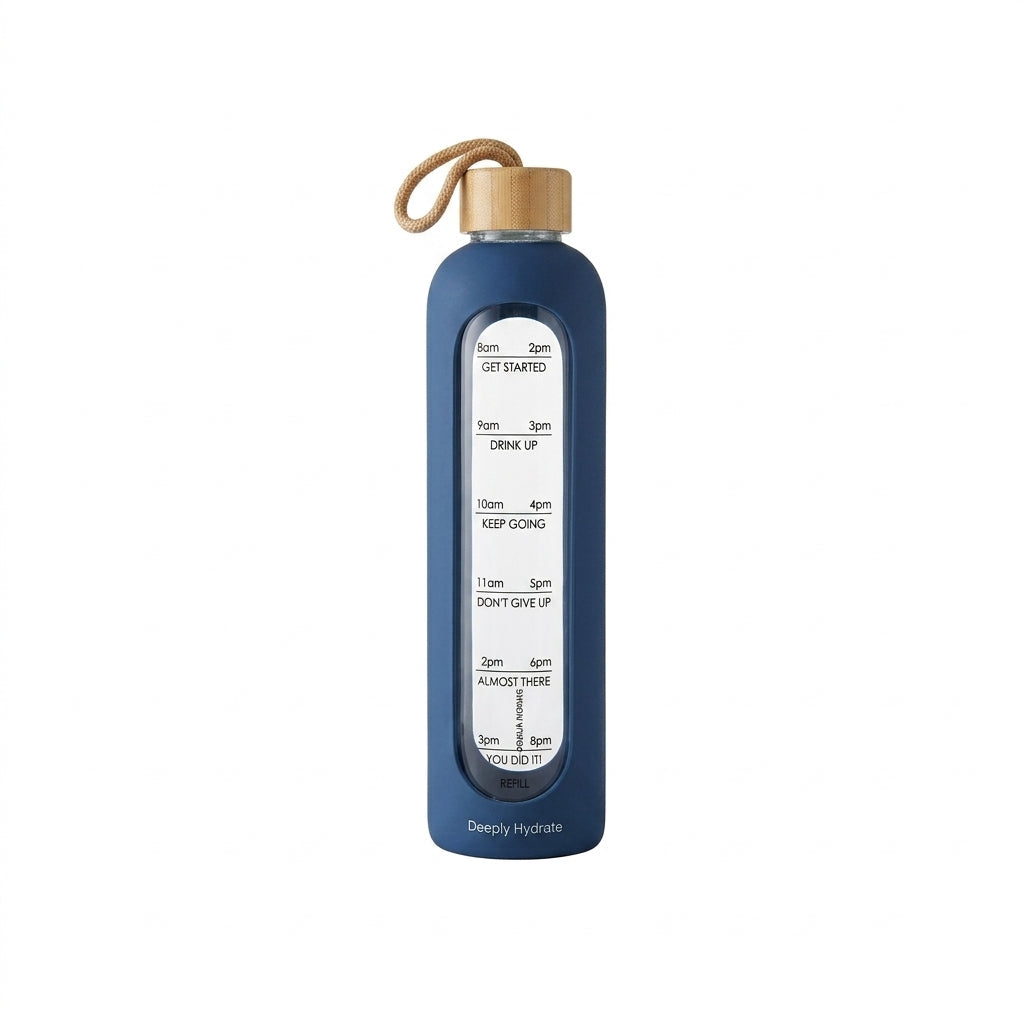 Motivational Glass Water Bottle with Time Marker & Silicone Sleeve – 1000ml