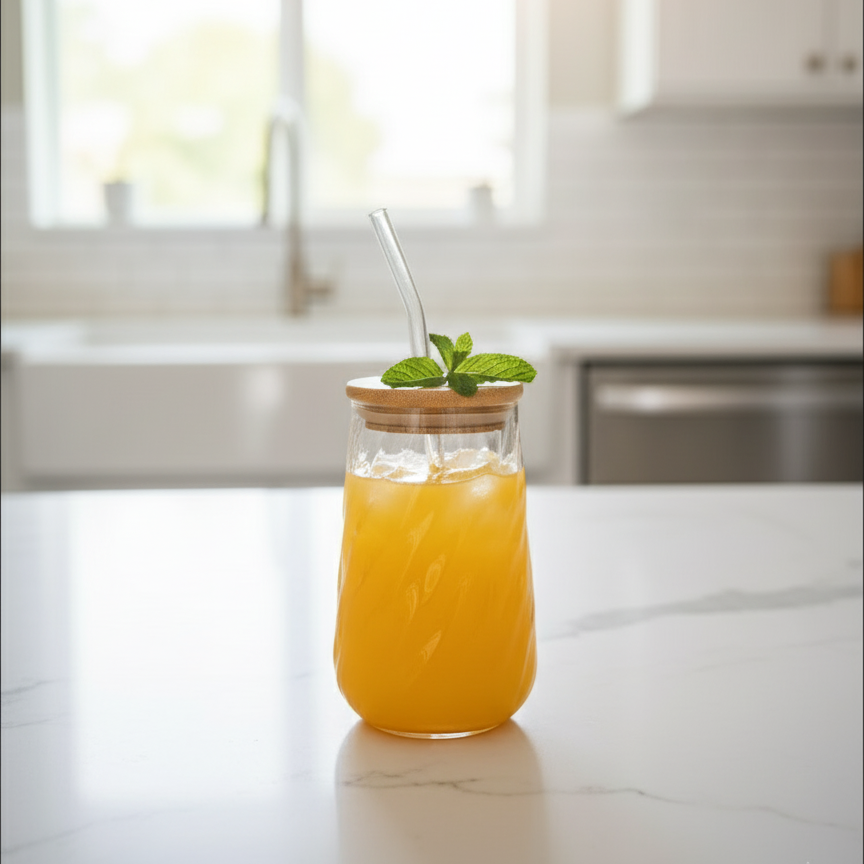 Swirl Textured Glass Tumbler with Wooden Lid & Straw