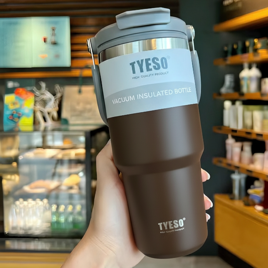 TYESO SteelCore Dual-Lid Insulated Tumbler with Handle – 900ml