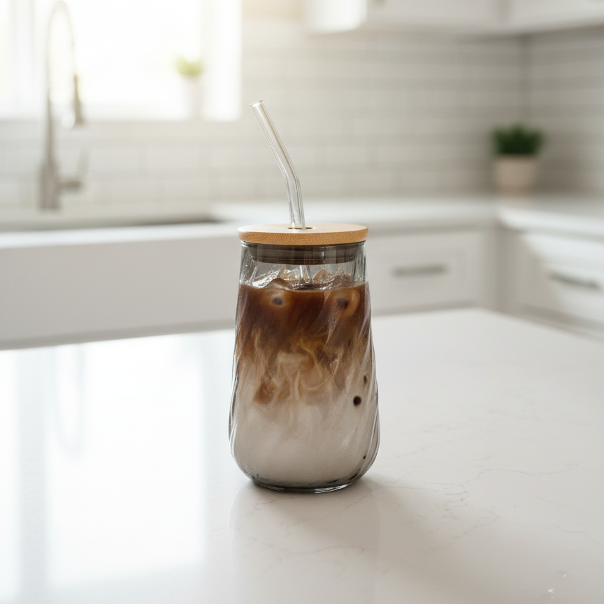 Swirl Textured Glass Tumbler with Wooden Lid & Straw
