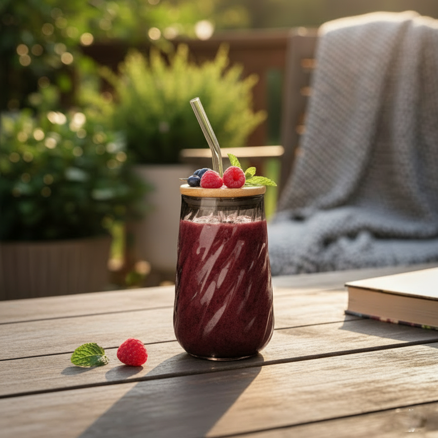 Swirl Textured Glass Tumbler with Wooden Lid & Straw