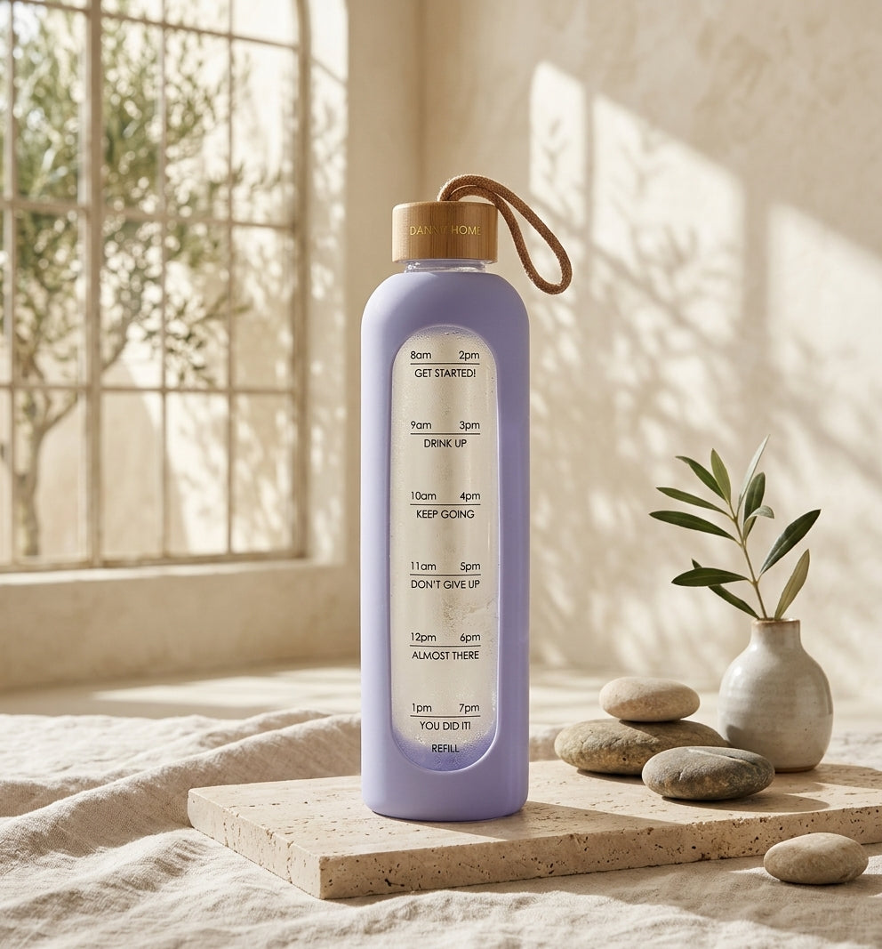 Motivational Glass Water Bottle with Time Marker & Silicone Sleeve – 1000ml