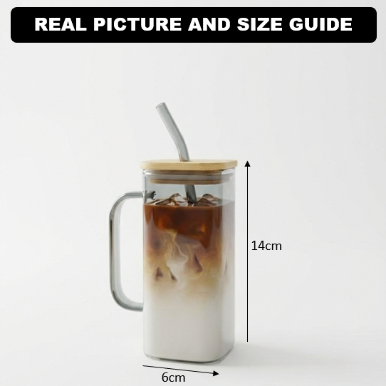 Square Tinted Glass Tumbler with Wooden Lid & Straw