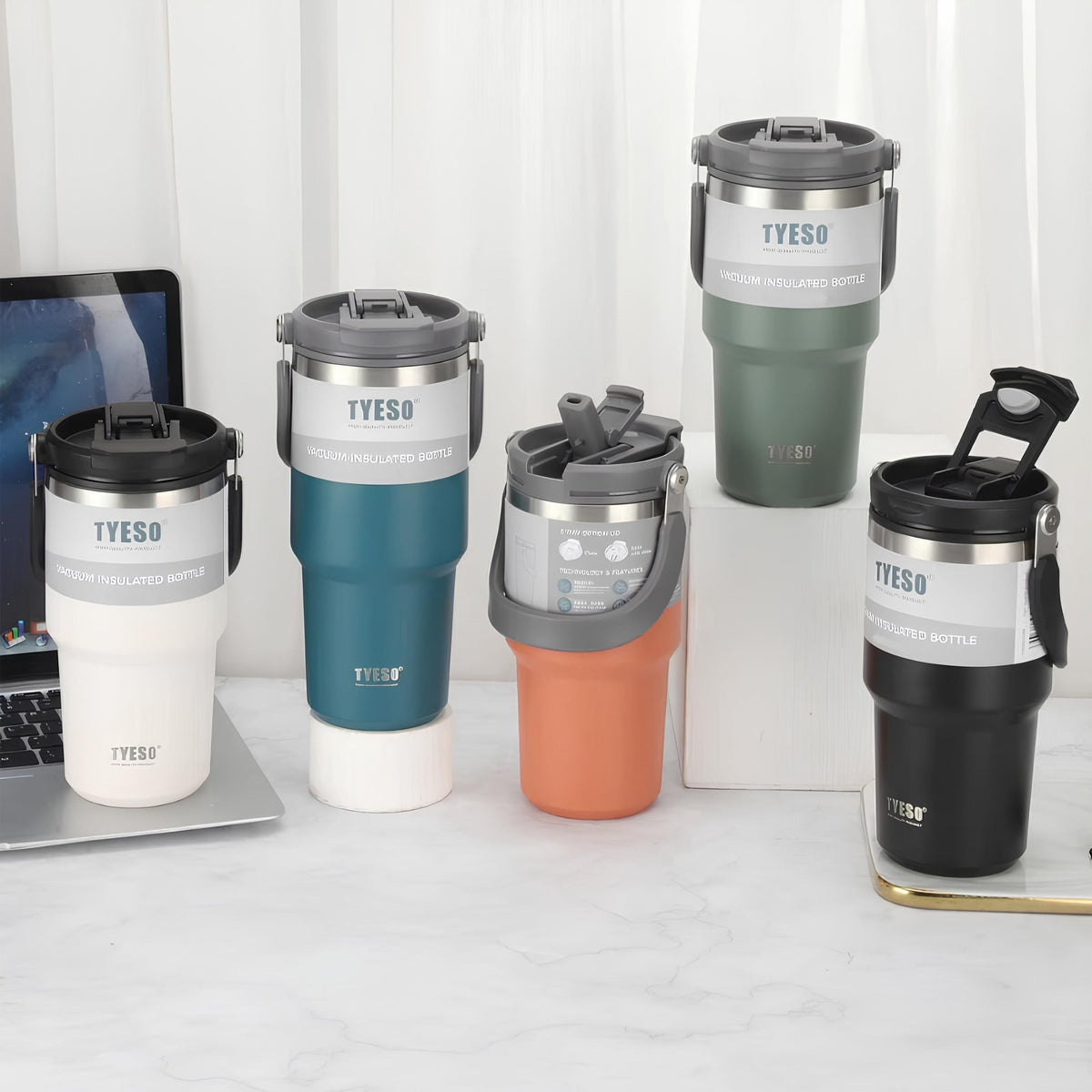 TYESO SteelCore Dual-Lid Insulated Tumbler with Handle – 900ml