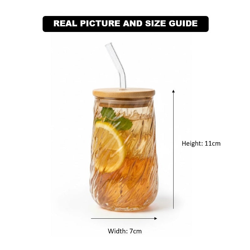 Swirl Textured Glass Tumbler with Wooden Lid & Straw