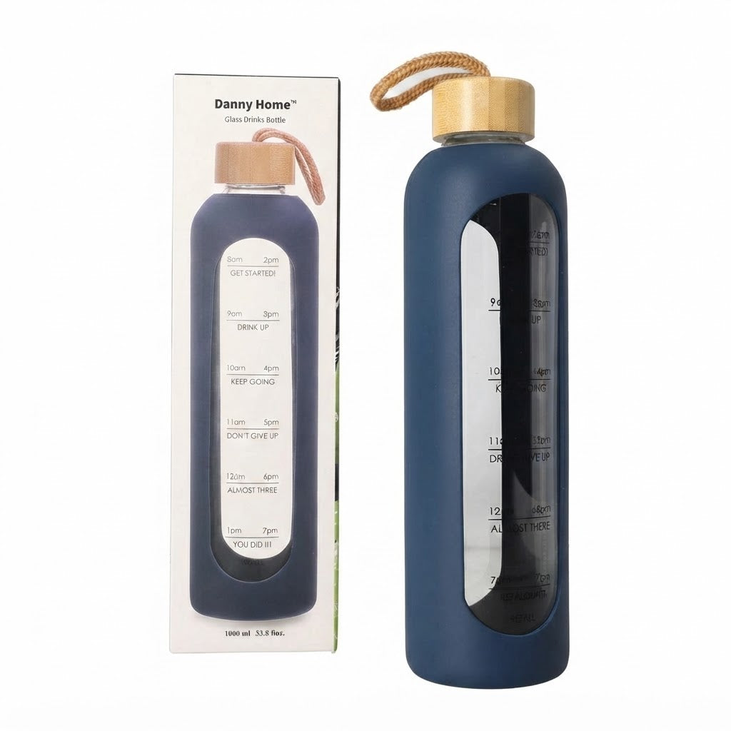 Motivational Glass Water Bottle with Time Marker & Silicone Sleeve – 1000ml