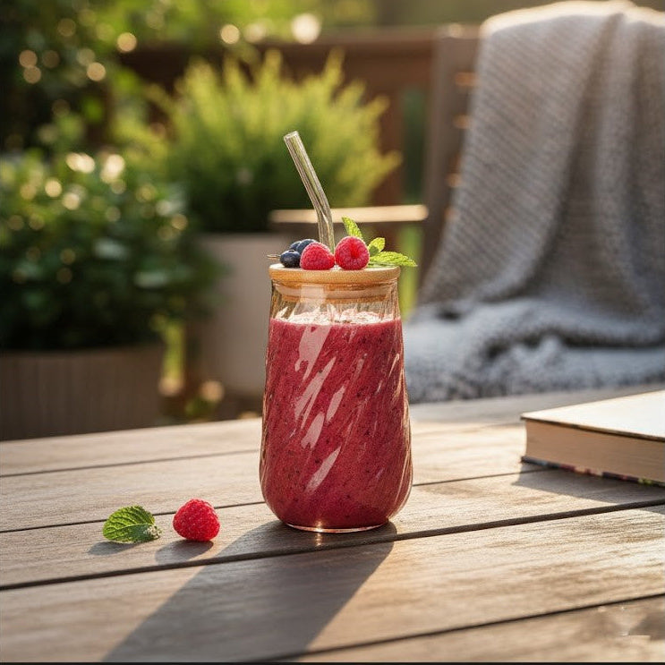 Swirl Textured Glass Tumbler with Wooden Lid & Straw